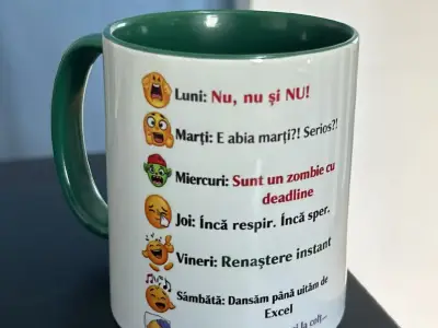 Cană cu mesaj amuzant despre zilele săptămânii, interior verde – nouă