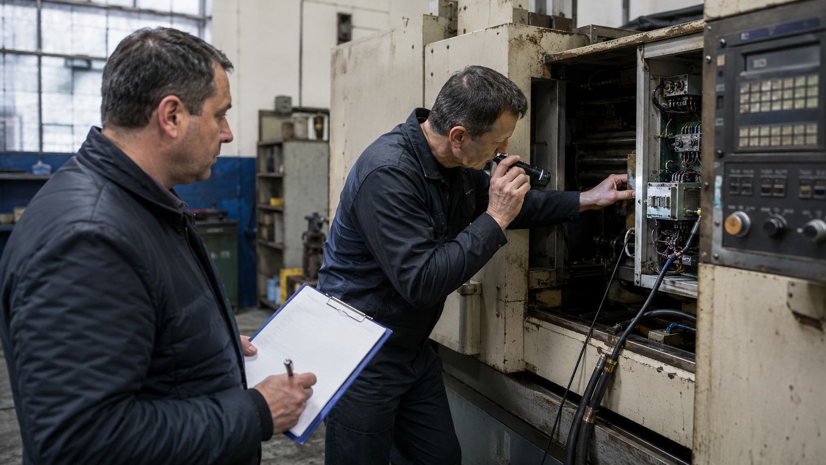 Tehnician care inspectează un utilaj industrial folosit