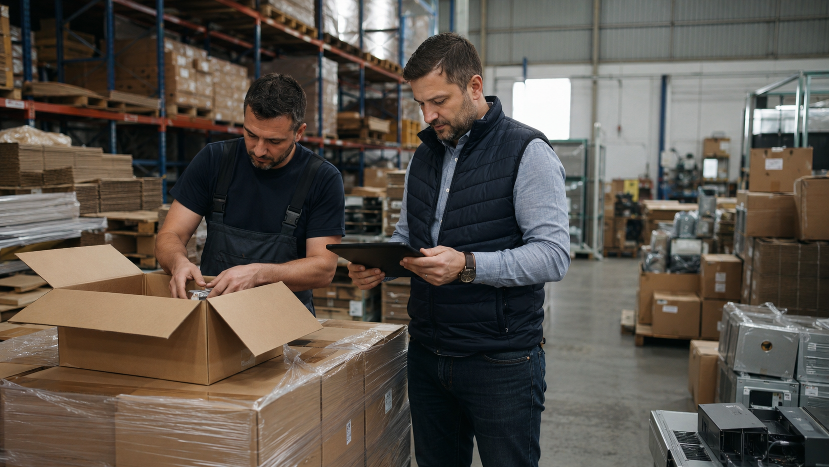 Manager care verifică inventarul unui lot de marfă într-un depozit