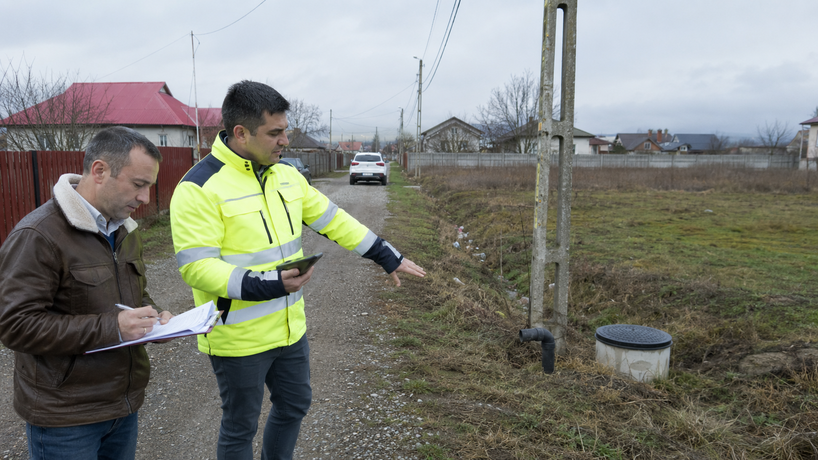 Specialist care verifică accesul și utilitățile la limita unui teren