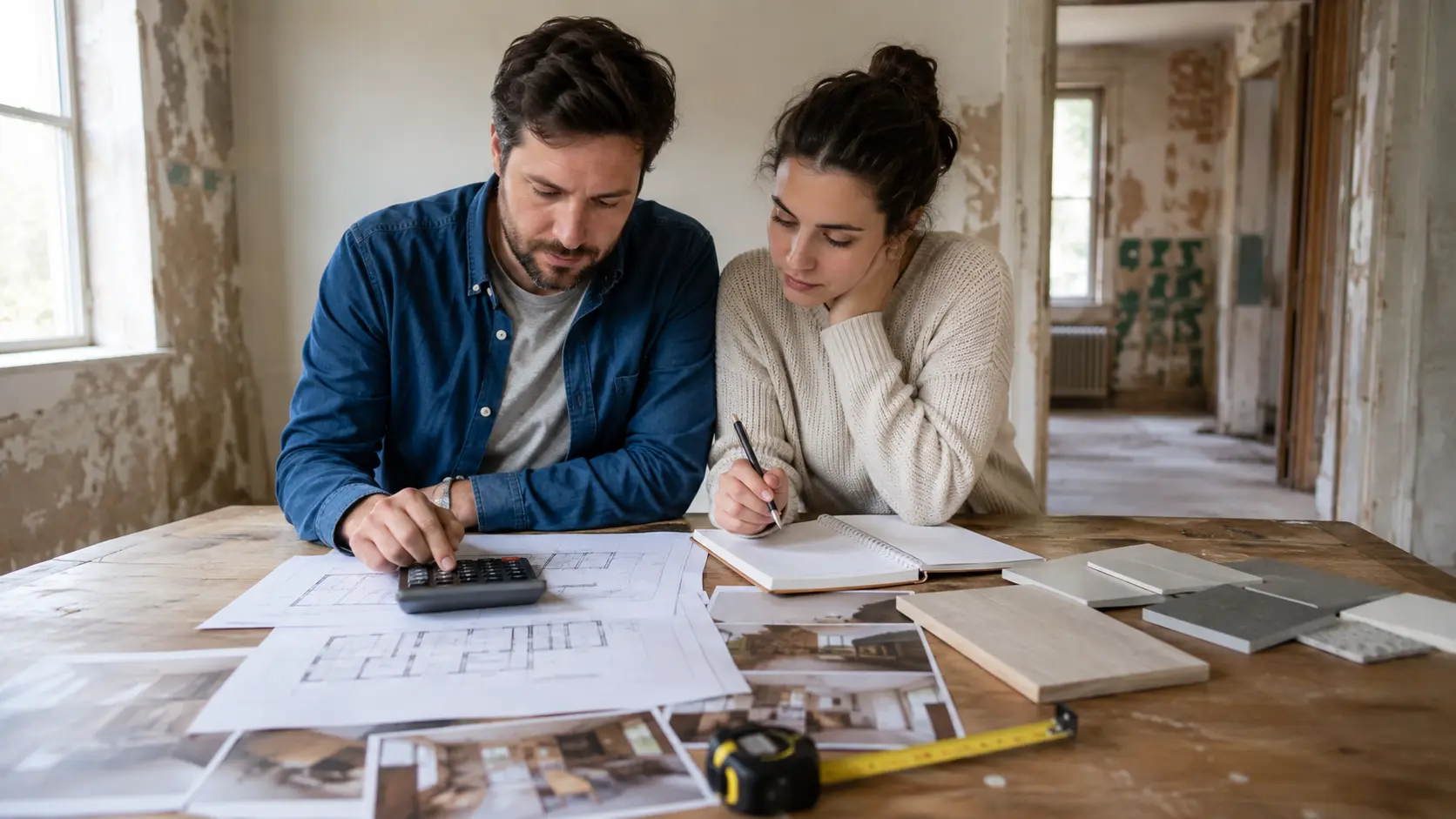 Cuplu care estimează bugetul de renovare pentru o casă veche