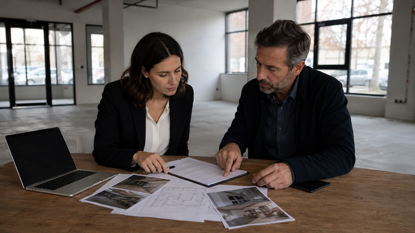 Antreprenor și proprietar care verifică documentele unui spațiu comercial