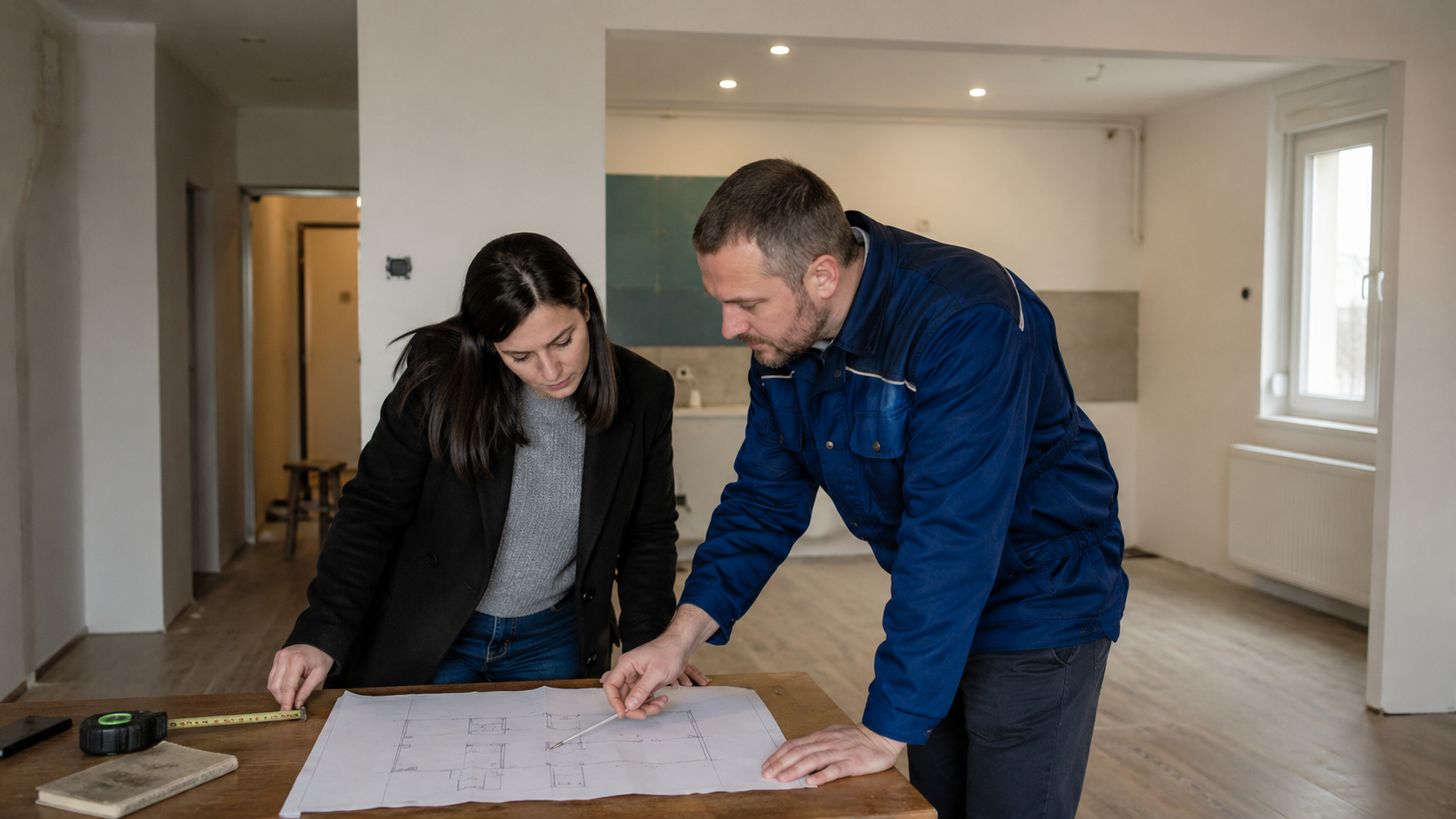 Inginer și cumpărător care compară planul apartamentului cu compartimentarea actuală
