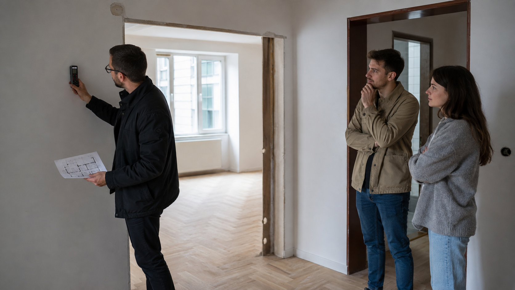 Cumpărători și inginer care verifică un apartament renovat într-un bloc vechi