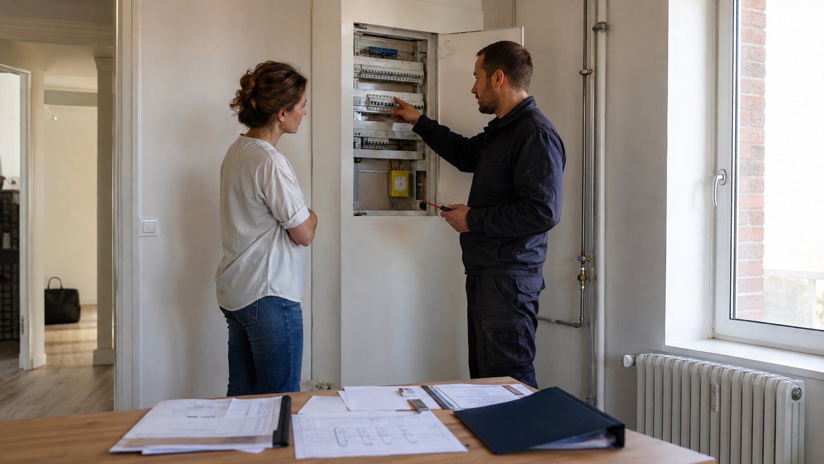 Specialist care verifică tabloul electric și documentele unei renovări de apartament