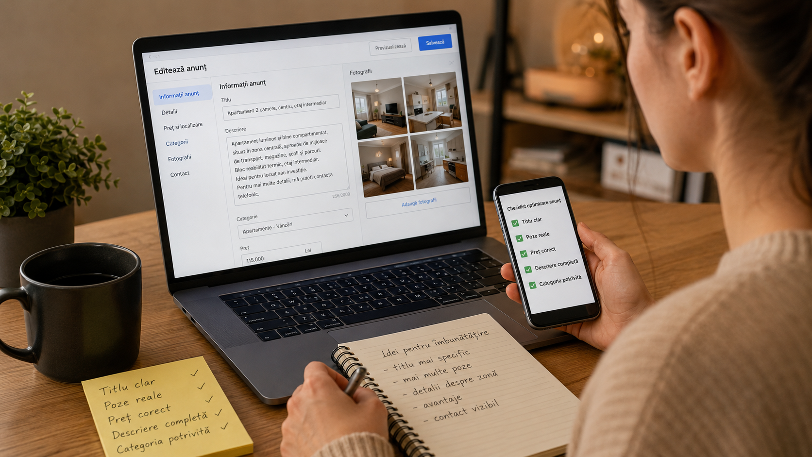Persoană care își verifică anunțul online pentru a primi mai multe răspunsuri