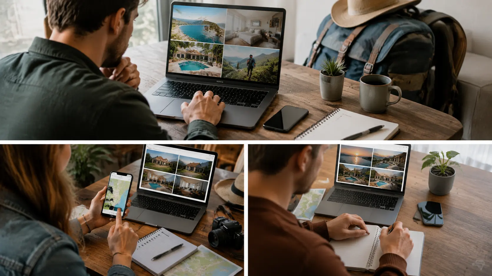 Turist care compară fotografiile unei cazări cu locația de pe hartă