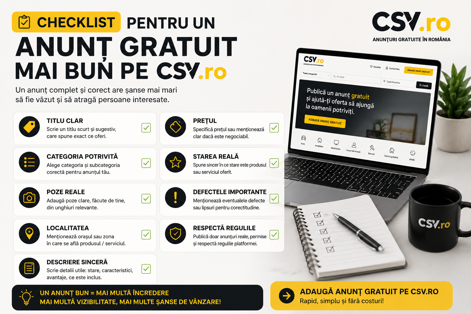 Checklist pentru publicarea unui anunț gratuit pe CSV.ro