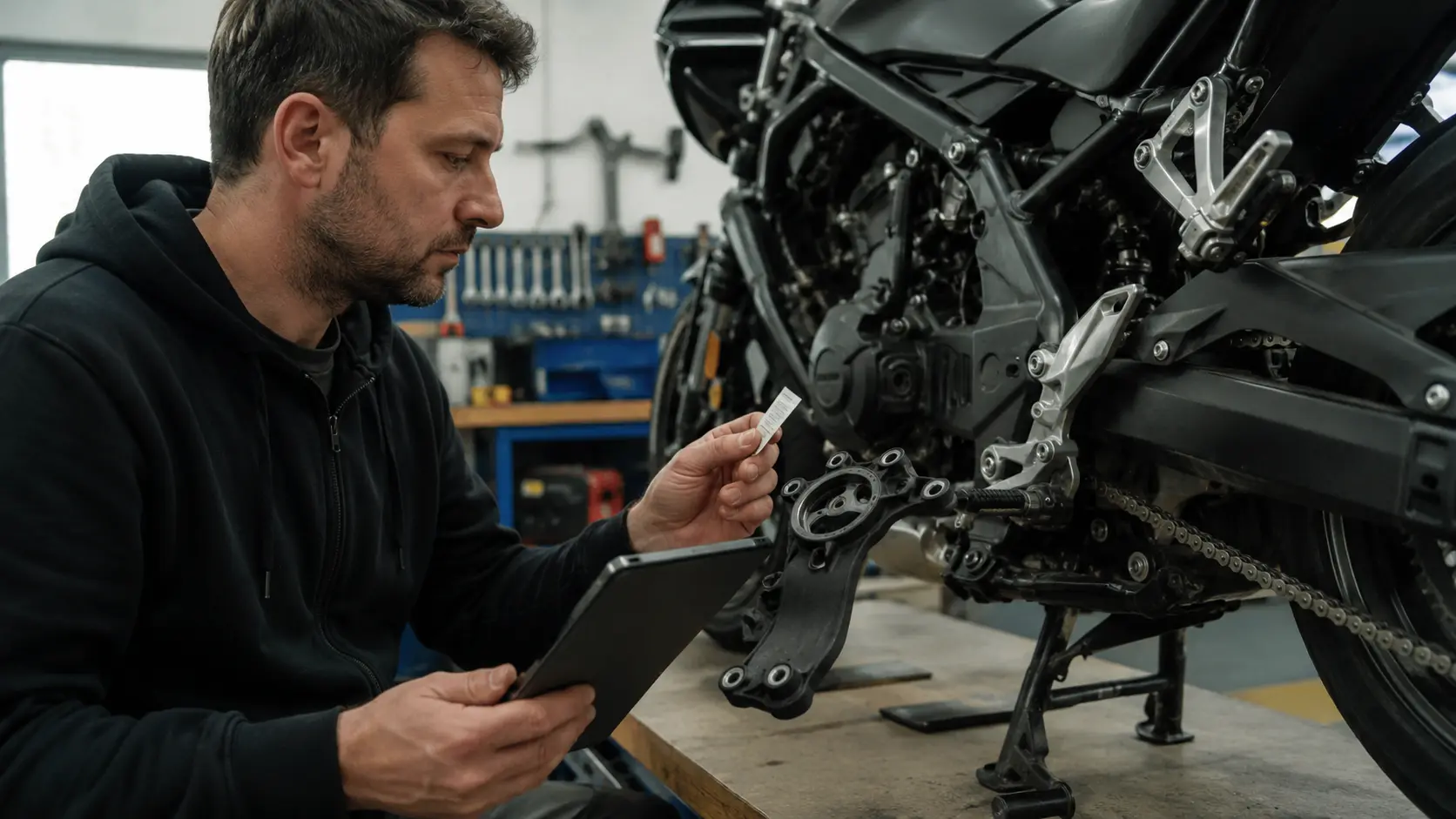 Mecanicul compară codul unei piese moto cu motocicleta pentru compatibilitate