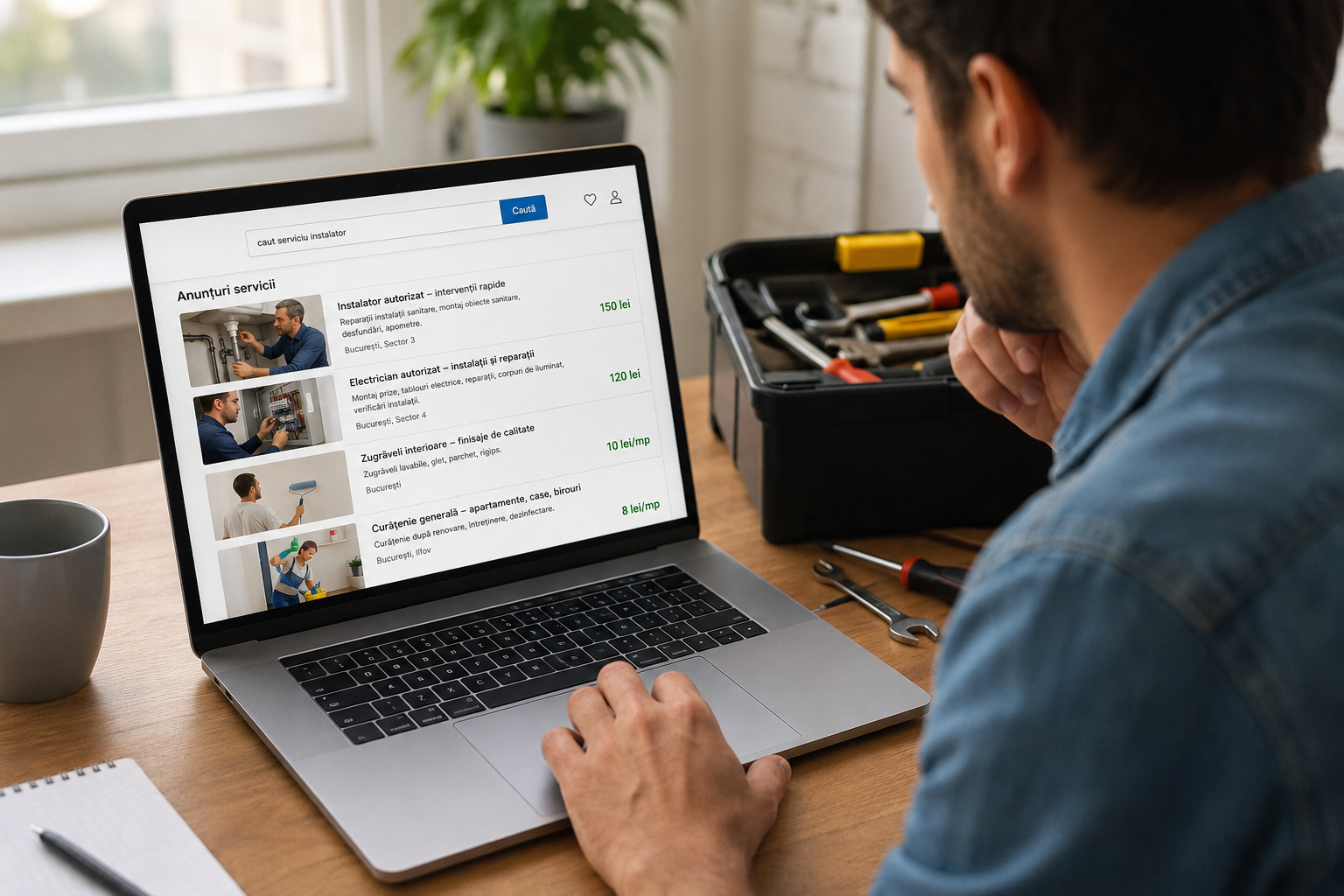 Servicii locale prin anunțuri online Persoană care caută servicii locale prin anunțuri online