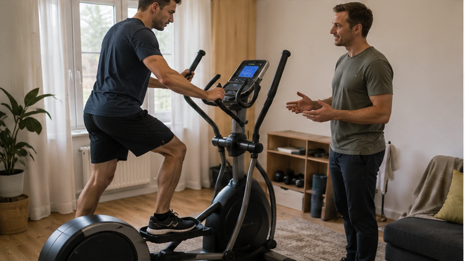 Cumpărător care testează un aparat fitness folosit înainte de plată