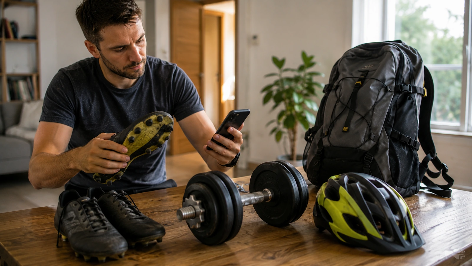 Persoană care verifică starea unor articole sportive second-hand